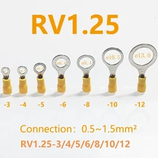 50PCS 와이어 인서트 0.5-1.5mm² 압착 단자 RV1.25-4 3 5 6 AWG22-16 절연 링 단자 관형 케이블 러그 아일, RV1.25 10, 04 Yellow