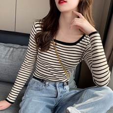 여성 스트라이프 6컬러 긴팔 티셔츠 U넥 라인 슬림 스판 캐주얼 티셔츠, 옐로우