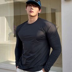 MDIVGYM 남자 머슬핏 면 스판 긴팔 슬림핏 무지티 라운드 티셔츠