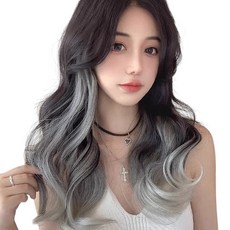 가발위드 옴브레 투톤 웨이브 붙임머리 브릿 포인트 시니온 가발, 1개, 블랙 그레이