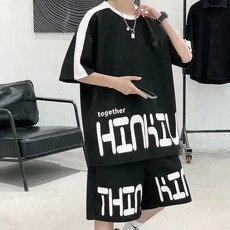 夏季男士休閒運動套裝：五分袖T恤短褲組合 寬鬆大碼潮流籃球健身服