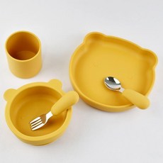 寶寶矽膠餐具套裝 316不鏽鋼叉勺 幼兒輔食碗盤 學飲杯 5件套, 芒果黃,小熊碗盤直柄叉勺直筒杯5件套, 1個
