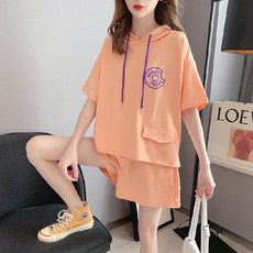 【顯瘦兩件套】運動套裝 女裝套裝 休閒套裝 跑步服 短袖短褲 連帽寬鬆 夏季薄款 小個子專屬 健身跑步 日常休閒