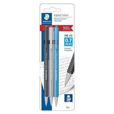 스테들러 STAEDTLER Triplus 마이크로 샤프 0.7mm HB #2 인체 공학적 트위스트 탑 지우개 포함 3팩 드로잉 및 제도 도구 파손 방지 심, 스테이들러 트라이플러스 마이크로 샤프 0.7mm HB