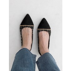 두가지 디자인 콤비 뾰족코 트위드 체인장식 플랫슈즈(1.3cm/기모안감) 11134 잇슈 클리어런스