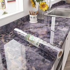 STICKEEP 광택 퍼플 대리석 조리대 접촉 용지 자체 접착 금이 간 벽지 벗겨서 붙이는 방수 다크 화강암 비닐 랩 주방 책상 식탁용 45cm x 304.8cm(17.75인치