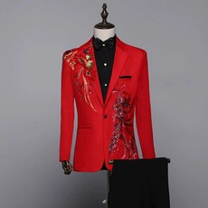 트로트 무대 의상 자켓 턱시도 재킷 공연 반짝이 스팽글 남성, 레드 세트, S