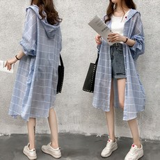 Makone 여성 봄여름 체크 후드 셔츠형 롱 가디건