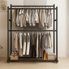 튼튼한 철제 2단 옷걸이 행거 대용량 이동식 시스템 드레스룸, 블랙
