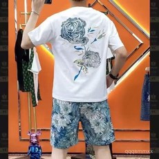 男士短袖短褲套裝 時尚 休閒 運動套裝 潮流 夏季男裝 痞帥 夏季穿搭一整套男 玫瑰印花 潮牌 ins 短T短褲兩件套男