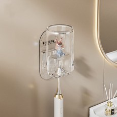 로즈소녀하우스 거꾸로 무타공 칫솔걸이 거치대 양치컵 홀더 세트, 1개, 토끼칫솔거치대 투명