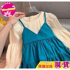 SHOWSHOP 中大女童韓版假兩件蝴蝶結時尚洋裝 氣質甜美公主裙