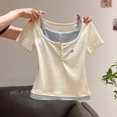 Toruva어린이 반팔 V넥 이중 디자인 상의 귀여운 버튼 장식14세 이상