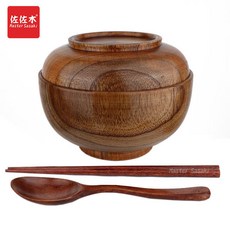 熱銷 復古風手工整木實木木頭套碗 多用碗兒童碗 奶茶碗 泡麪木碗帶蓋 木碗, 有疤約直徑16高10cm整木碗+勺筷, 1個