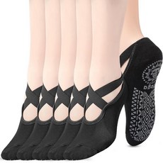 Geyoga 여성용 필라테스 양말 6쌍 미끄럼 방지 요가 양말 그립 스트랩 포함 바레 발레 댄스 맨발 운동용 플라스틱 블랙. 미디엄