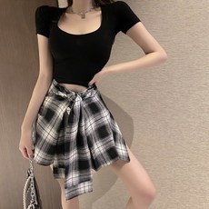 여성 여름 슬림 크롭 스퀘어넥 반팔 티셔츠 체크 치마바지 투피스 세트