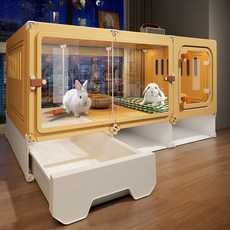 防噴尿設計豪華雙層兔籠 全景兔籠子 可拆洗托盤 帶清糞廁所 荷蘭豬 侏儒兔 寵物兔專用 兔窩 兔别墅 送飲水器 草窩, 1個, 全景小号【36*46*53】托盤款,籠子+安裝工具