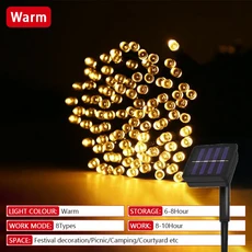 32m 8 모드 LED 태양 문자열 조명 전원 야외 방수 크리스마스 요정 홈 인테리어, 03 WARM, 01 30LED-5M