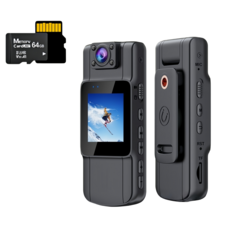 고화질 바디캠 초소형 오토바이 액션캠 자전거 블랙박스 녹음 카메라 이동감지 야시렌즈 180도 회전렌즈 브이로그카메라 +64G메모리카드, 64GB SD 카드