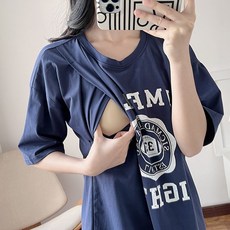 임산부 여름 수유 티셔츠 라운드넥 프린트 수유복 티셔츠 캐주얼 수유 반팔티 YLP
