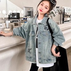 SHOWSHOP 中大女童刺繡牛仔外套 潮流簡約風 舒適寬鬆版型