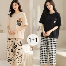 WAIJER 1+1 여성 여름 잠옷 세트 귀여운 곰돌이 홈웨어 파자마 반팔 7부바지 상하세트
