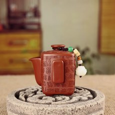 原礦紫砂四方百福茶壺方圓家用複古室內泡茶單壺手工抓壺功夫茶具, 1個, 朱泥百福手抓壺（單壺禮盒裝）