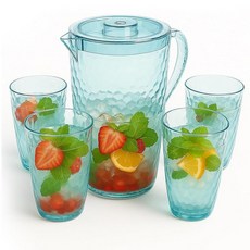 2.5L(84온스) 크리스탈 클리어 피처 텀블러 4개 세트 BPA 프리 식품 등급 저그 3가지 포지션 뚜껑 및 포함 - 파티 아이스티 레모네이드 상그리아 냉장고용, 아쿠아 블루