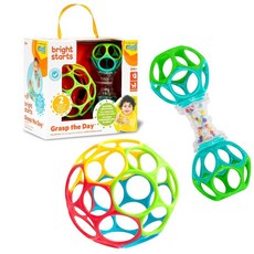 Bright Starts Easy-Grasp Oball 번들 선물 세트 - Grasp The Day 공 및 딸랑이 장난감 2팩 BPA 프리 남녀공용 신생아 이상