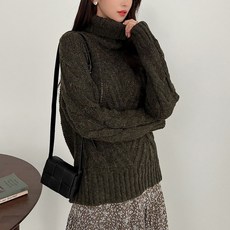 針織女款寬鬆厚實麻花高領針織衫