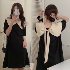 스타일닥터 여성 패션 리본 포인트 루즈핏 원피스 통기성 좋은 여름 휴양지 빅사이즈 앞뒷면 착용 학원풍 바캉스룩 하객룩 반팔 데일리룩