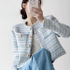 臺灣出貨小香風外套女裝春秋新款重工高級感法式名媛氣質長袖百搭短款上衣, 淺藍色尊享好貨,M 建議體重91-105斤