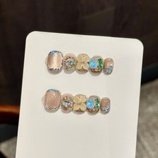 【冰晶花語】冰透立體雕花滿鑽貓眼春夏高級感手工穿戴甲美甲, 3162  短圓, L