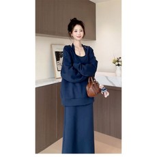 2025新款藍色掛脖吊帶連衣裙子女早秋季韓系慵懶穿搭衛衣套裝長裙