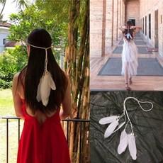 台出波西米亞風流蘇髮帶，民族風孔雀羽毛頭飾，沙灘旅遊印地安風格頭帶, 日常白色（帶一圈）, 1個