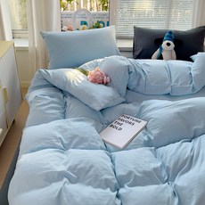 1급 믹스매치 단색 워시드 면 4종 세트 초부드러운 구름 면 기숙사 3종 세트 4종 세트, 카테고리 A - 믹스 앤 매치 - 연한 파란색과 진한, 0.9m 침대 시트 3종 세트(이불커버 1.5x2m)