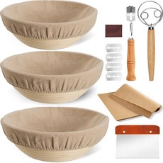 Banneton 빵 가공 바구니 3개 세트 Kikcoin 20.3cm(8인치) 및 22.9cm(9인치) 및 25.4cm(10인치) 원형 사워도우 빵 베이킹 용품 양피지 시트, Banneton 빵 가공 바구니 3개 세트, Kikco