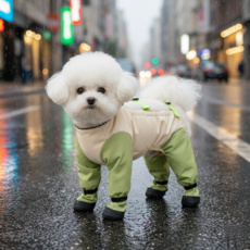 Diqpet 강아지 올인원 등산복 진드기 흙탕물 차단 신발일체형 방수복 비숑 푸들 산책, 말차 그린 & 베이지, XL(권장 무게 6.5-8kg )