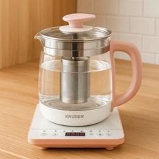 티포트 분유포트 커피포트 1.8L 대용량 내열유리 내부스텐 주전자, 1개, 핑크화이트