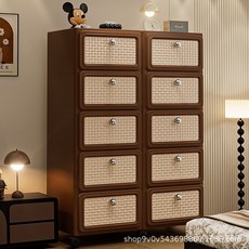 抽屜式收納櫃 免安裝中古風客廳零食儲物櫃 臥室床頭櫃, 單排4層【復古棕】35面寬加厚材質,加厚PP材質, 1個