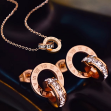 모모조조 티타늄 더블 링 로마 숫자 펜던트 목걸이 귀걸이 세트