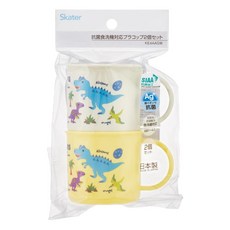 Skater 恐龍兒童塑膠水杯漱口杯2入組，日本製，可愛卡通圖案，抗菌材質，輕巧耐用，方便兒童使用, 白黃, 2