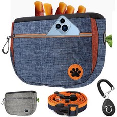 대형 6컵 강아지 간식 파우치 클리커 포함 애완동물 훈련용 크로스오버 셀프 클로징 백 내장형 배변봉투 디스펜서 46인치 무료 손잡이 허리띠 산책용 옥스포드 원단 이중 포켓 회색, 파란색