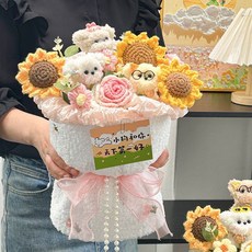 扭扭棒可愛小狗玩偶花束手工編織花成品向日葵花束生日女神節禮物, 1, 扭扭棒小狗粉色 送燈和禮袋