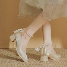 Titikong 여자 하이힐 펌프스 진주 리본 힐킬힐 웨딩슈즈 새틴 화이트 구두 5.5cm