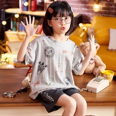 CIUUC 면 100% 어린이 잠옷 여름 짧은 소매 면 얇은 중다 어린이 여름 12 세 가정용 의류 세트, 130 어린이 14 야드 높이 125-135CM, 631 여자