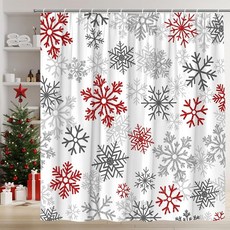 MSAYNFG 레드 눈송이 샤워 커튼 그레이 크리스마스 모던 겨울 휴일 새해 복 많이 받으세요 원단 욕실 홈 데코 후크 포함 (너비 177.8cm x 높이 177.8cm)