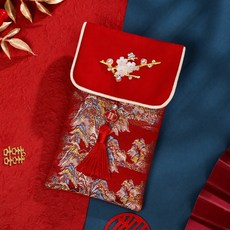 【台灣出貨】結婚紅包 2025新款紅包 高檔紅包 布藝紅包袋 刺繡紅包 高級感紅包 婚禮紅包袋 萬元紅包袋 創意紅包袋, 1個, 珍珠梅花山河款【豎版】一入裝