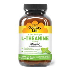 Country Life L-테아닌 빠른 작용 100mg 츄어블 태블릿 60개 민트 맛 글루텐 프리 인증 비건 인증, 1개