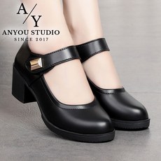 ANYOU 여성 가죽 펌프스 미들힐 통굽 가보시 정장구두 편한 오피스 하이힐
